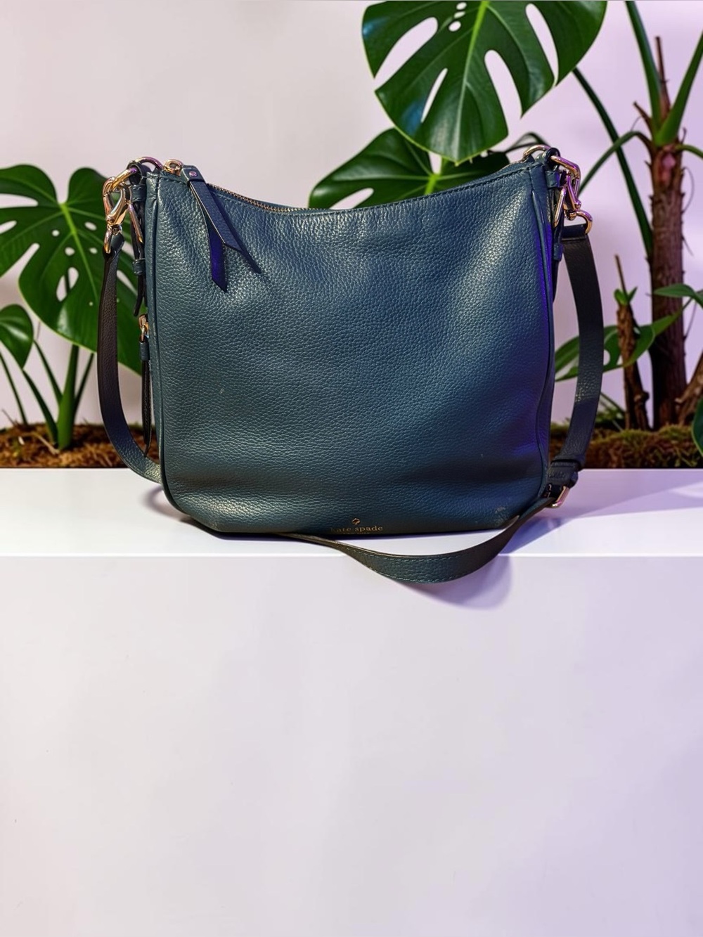 kate spade Deep Green Pebbled Leather Shoulder Bag with Gold Hardware